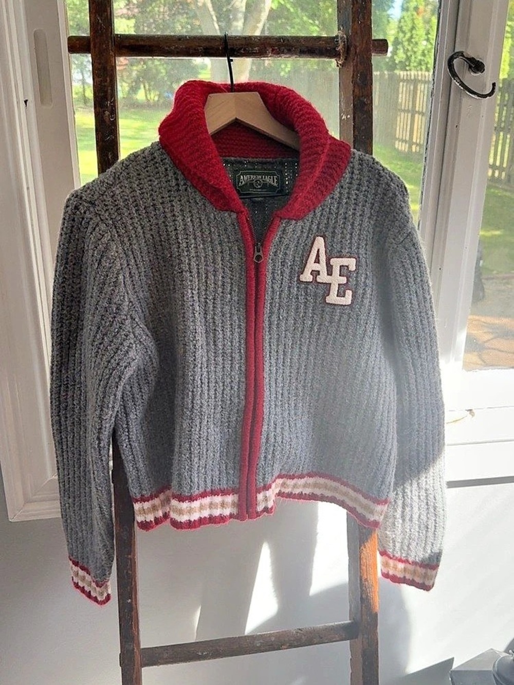 Vintage American Eagle AE Varsity Knit Zip Up Sweater Gray Red Letterman Style M